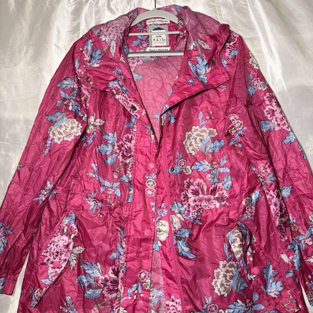 Joules Right as Rain Women's 8 Raincoat Pink Floral Hooded Waterproof Minimalist - Picture 2 of 9